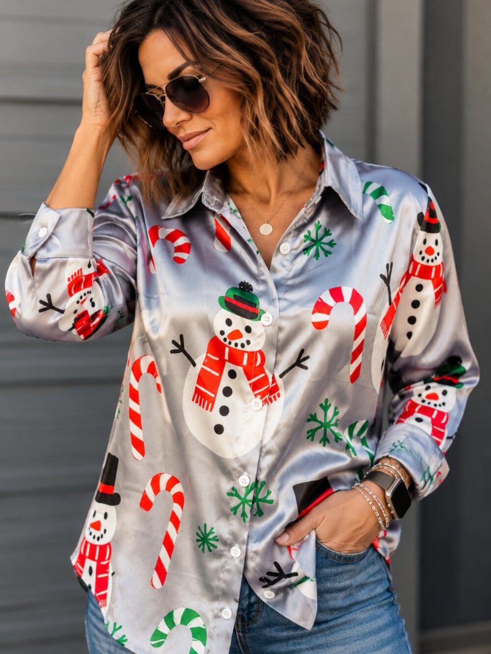 Christmas Snowman Satin Button Down Shirt 2XL Holiday Blouse